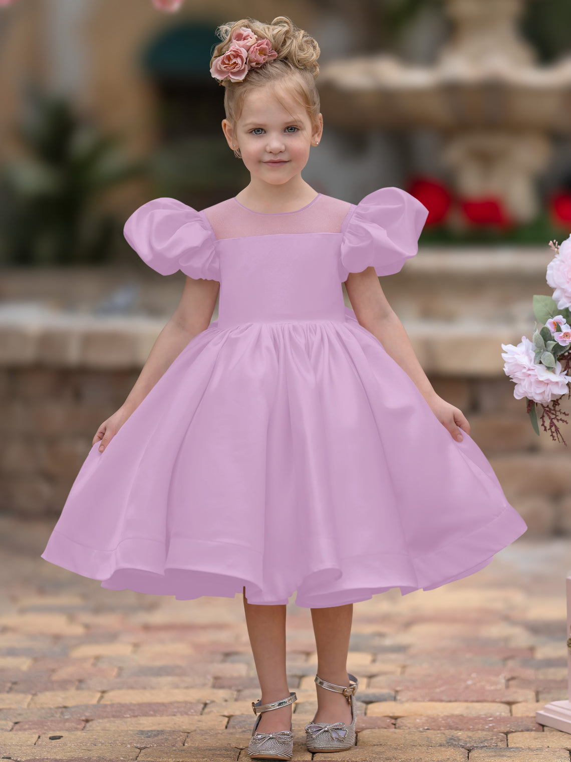 Vestido de princesa/vestido de princesa de satén hasta la rodilla para niña de las flores 