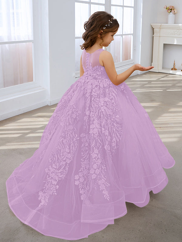 Vestido de princesa rosa para niñas con apliques de encaje 