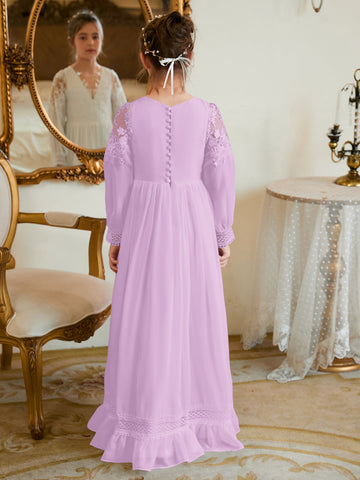 Vestido de Primera Comunión color marfil, corte en A, de gasa hasta el suelo 