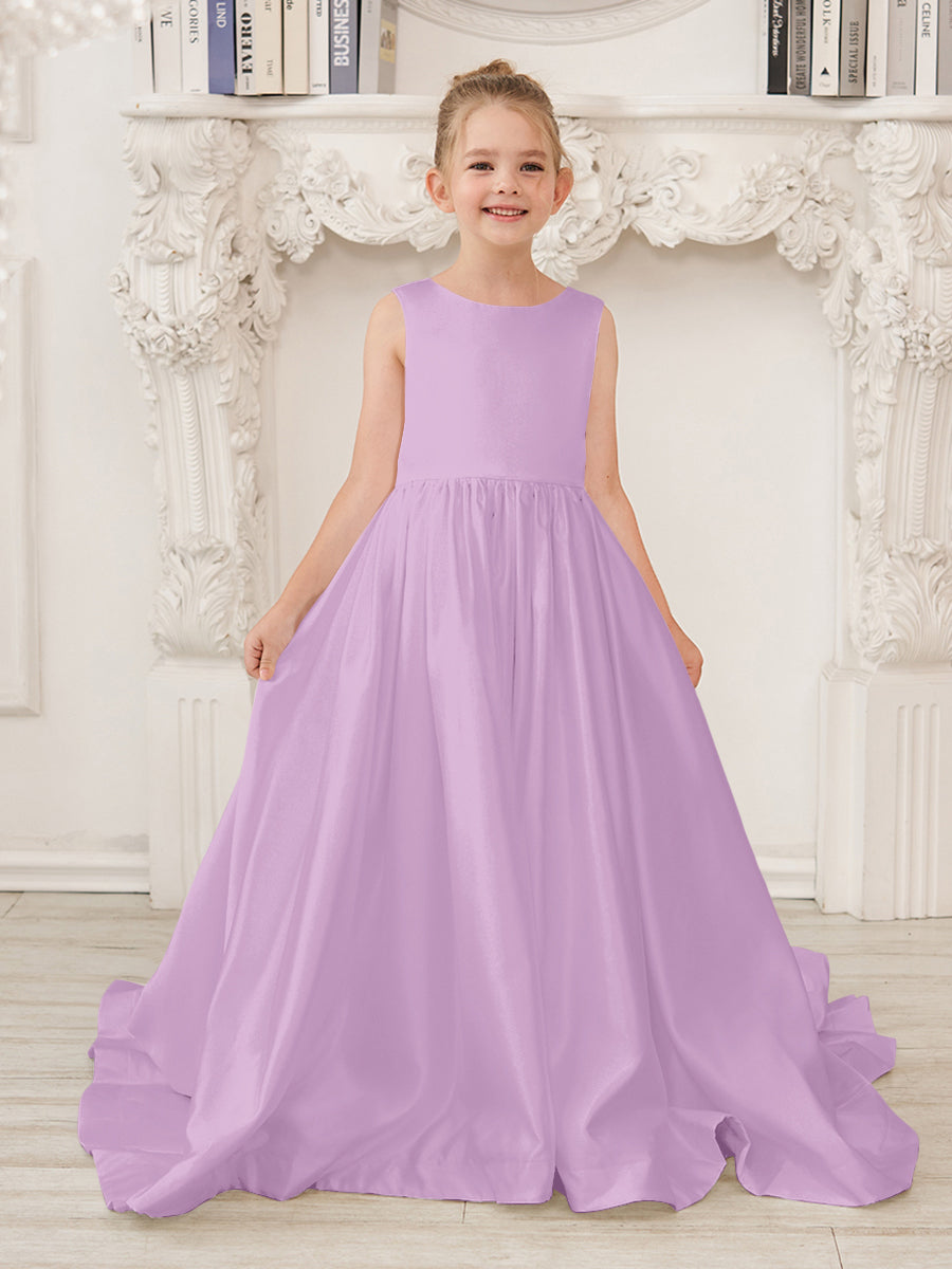 Vestido de niña de las flores de satén sin mangas, corte princesa, con cola y lazo. 