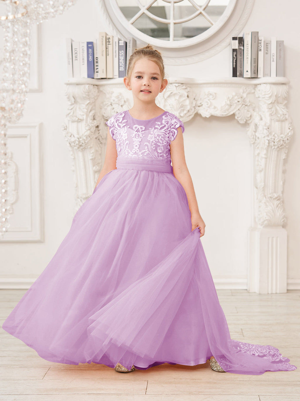 Vestido rosa de niña de las flores, corte en A, encaje, tul y cola corta 