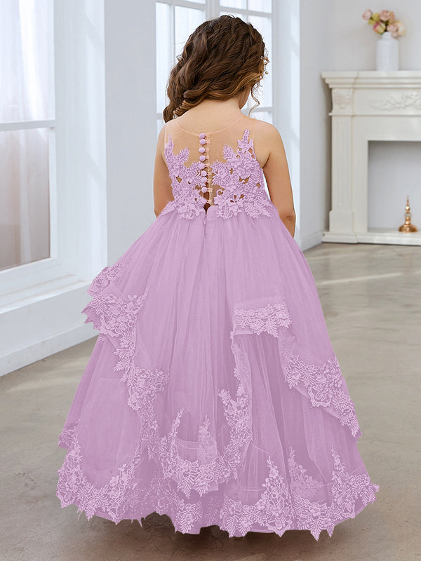 Vestido de princesa sin mangas de tul con apliques de encaje y cola corta para niñas 