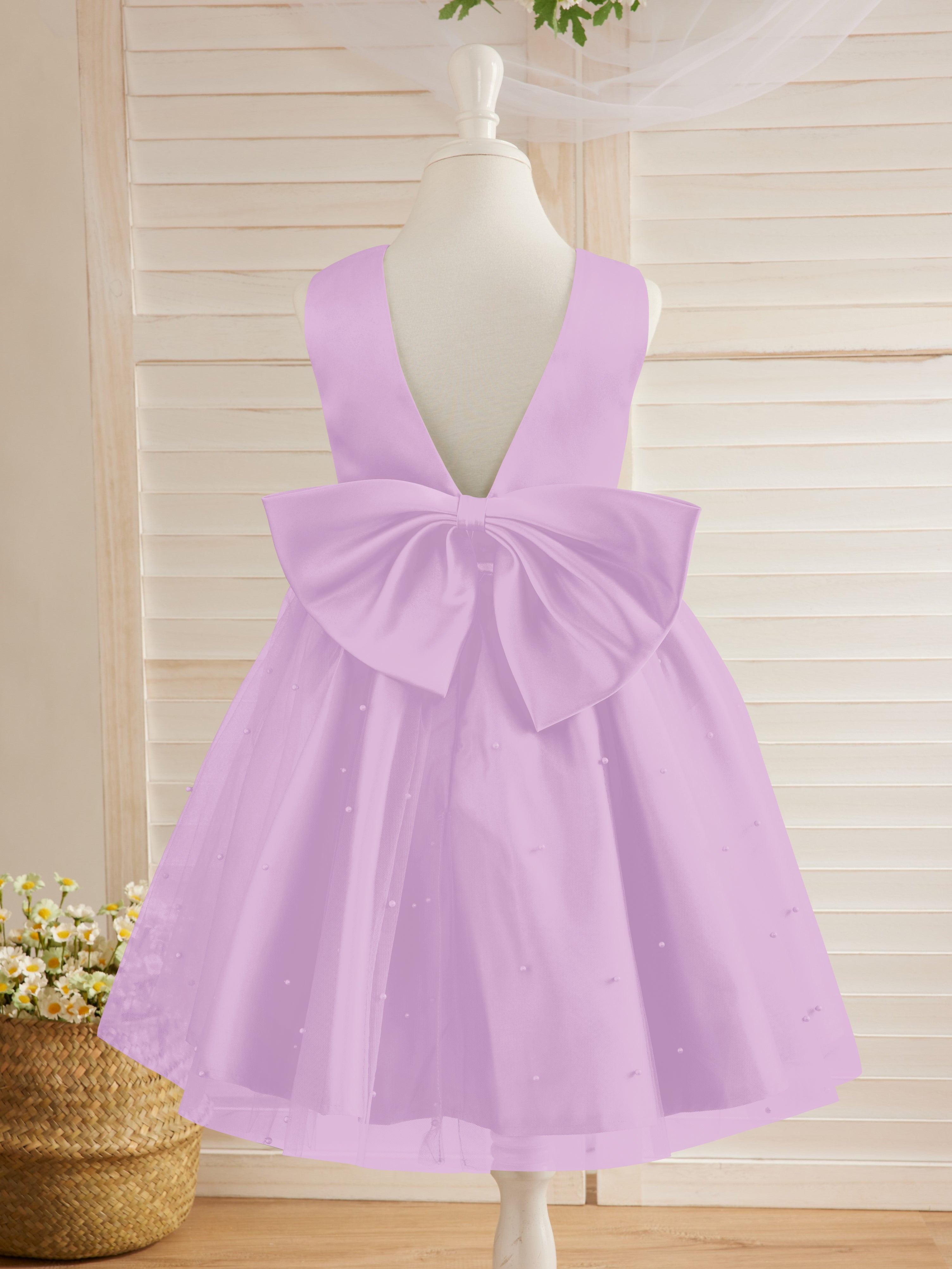 Vestido de princesa/vestido de princesa de satén y tul hasta la rodilla para niña de las flores 