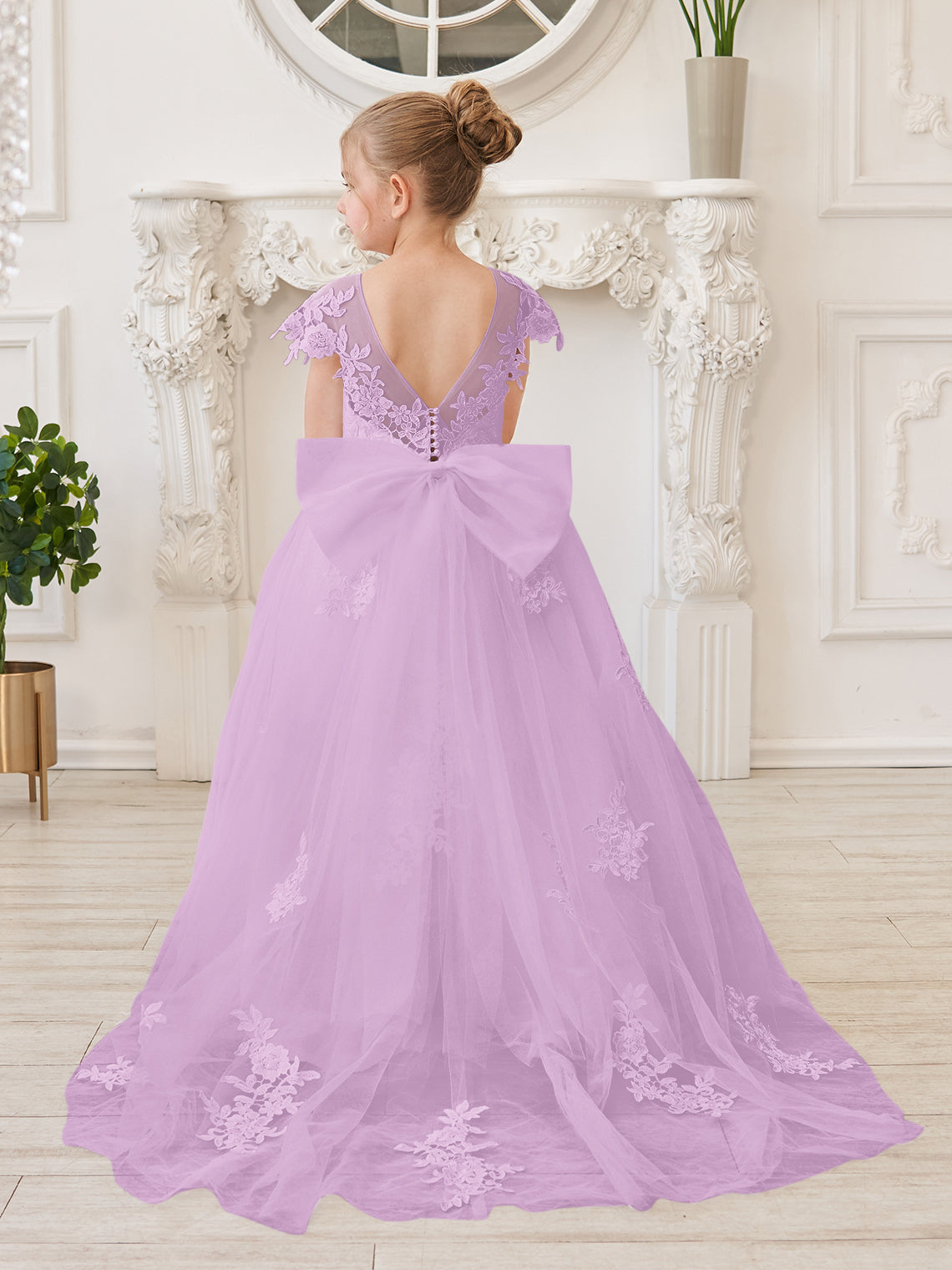 Vestido de niña de las flores para la Primera Comunión, color marfil, con cola desmontable estilo princesa. 