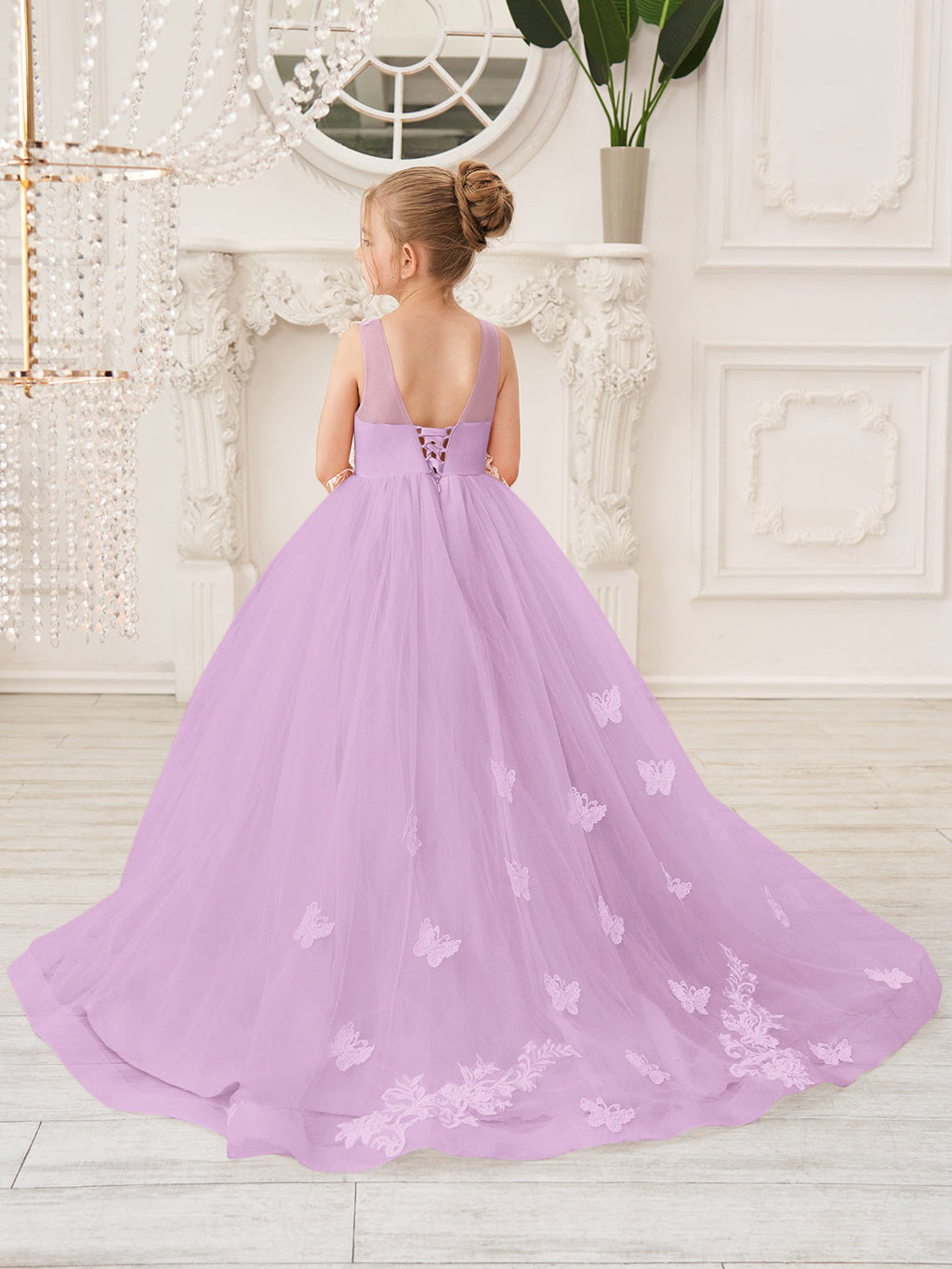 Elegante vestido de princesa sin mangas de tul para niña de las flores, corte en A 