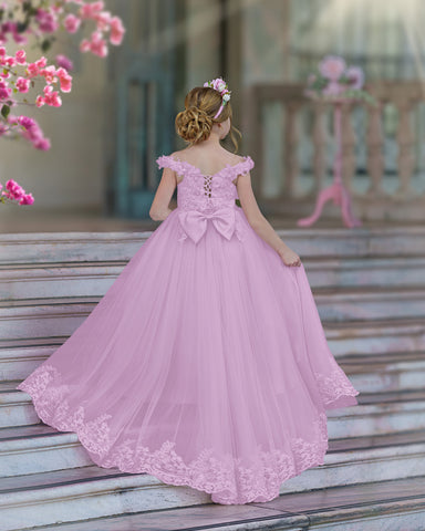 Vestido de gala/princesa rosa con cola de encaje para cumpleaños 