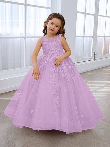Vestido de princesa rosa para niñas con apliques de encaje 