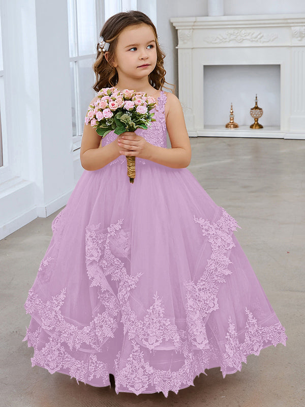 Vestido de princesa sin mangas de tul con apliques de encaje y cola corta para niñas 