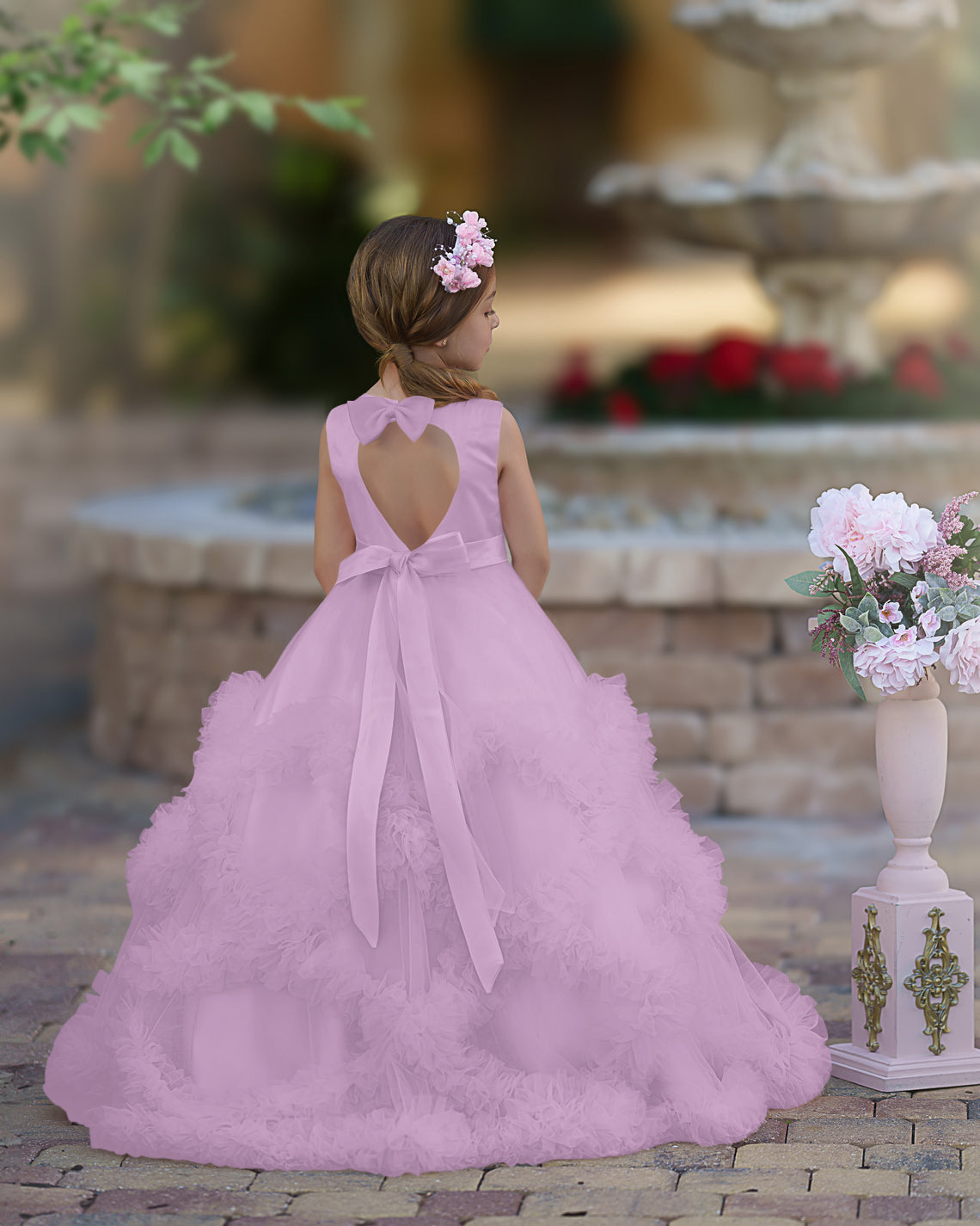Vestido de niña de las flores de corte A, de satén y tul, hasta el suelo, con volantes en cascada. 