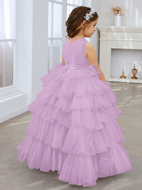 Vestido de princesa rosa perla sin mangas para niña de las flores con lazo de tul 