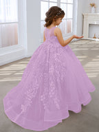 Vestido de princesa rosa para niñas con apliques de encaje 