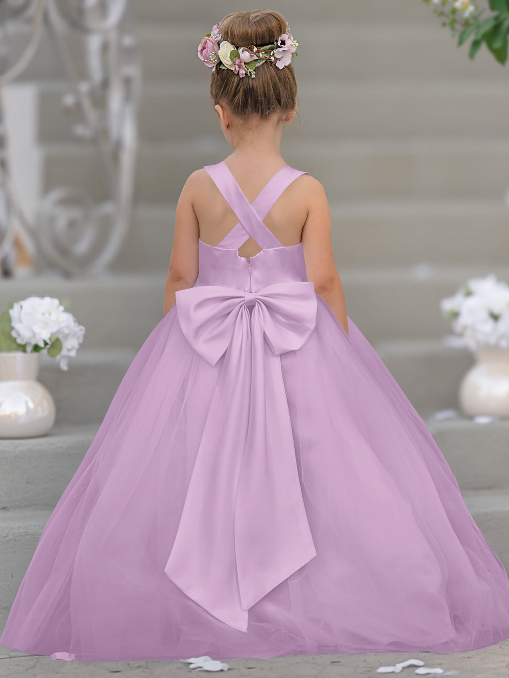 Vestido de niña de las flores clásico de corte en A sin mangas en satén y tul 