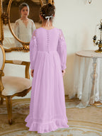 Vestido de Primera Comunión color marfil, corte en A, de gasa hasta el suelo 