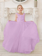 Elegante vestido blanco de tul para niña de las flores con cola corta 