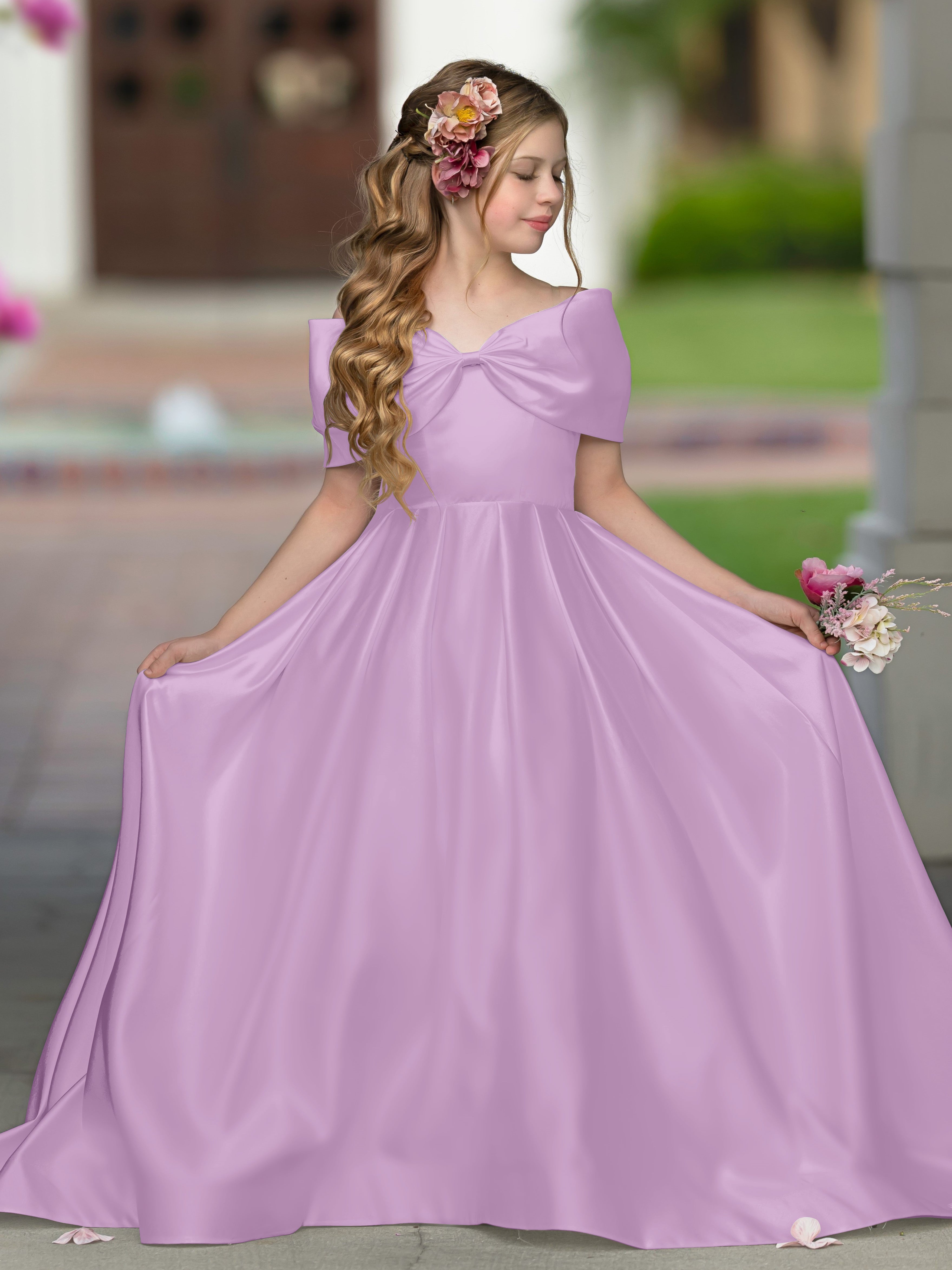 Robe de bal princesse élégante en satin ivoire avec traîne et nœud pour demoiselles d'honneur 