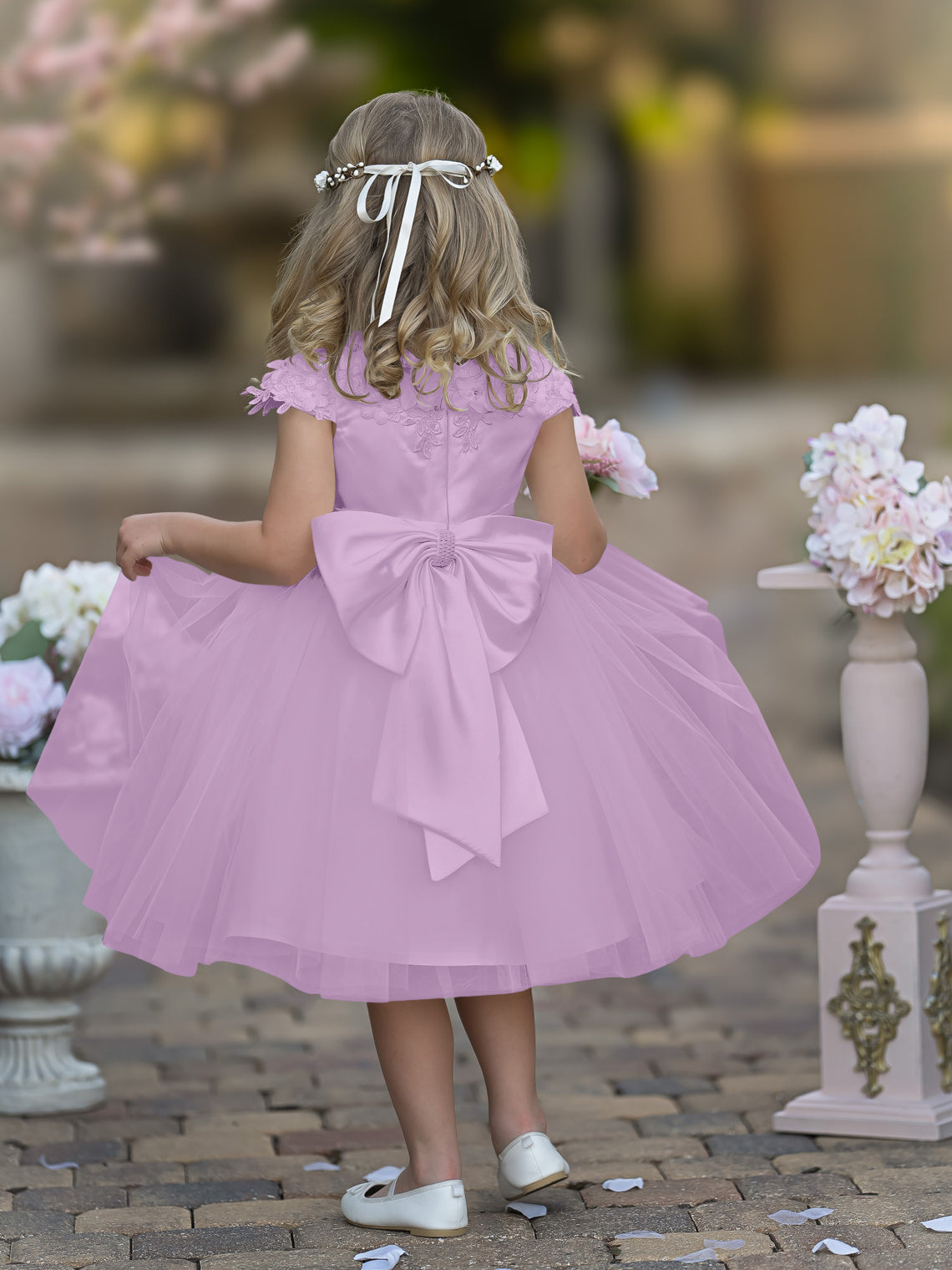 Vestido de niña de las flores de la Primera Comunión, color marfil, de tul satinado hasta la rodilla 