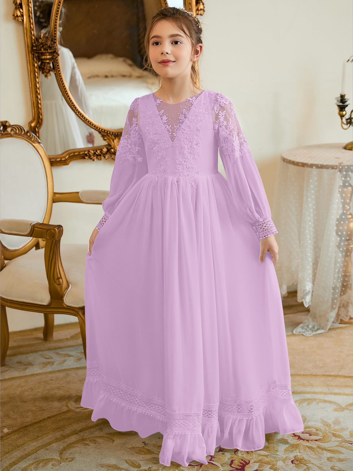 Vestido de Primera Comunión color marfil, corte en A, de gasa hasta el suelo 