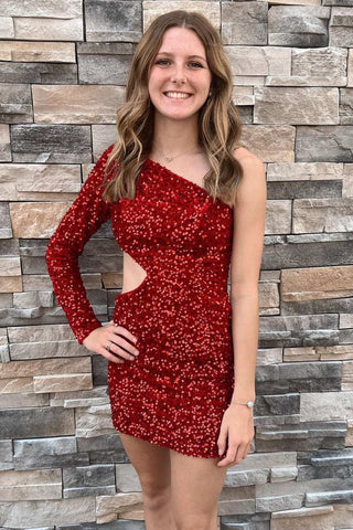 Vestido corto de fiesta con lentejuelas y una manga con abertura