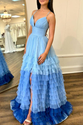 Linae | Vestidos de graduación de tul lila con escote en V y corte en A con abertura