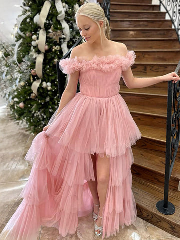 Lin | Robe de bal rose en tulle à épaules dénudées et fente
