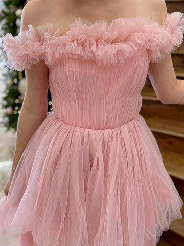 Lin | Robe de bal rose en tulle à épaules dénudées et fente