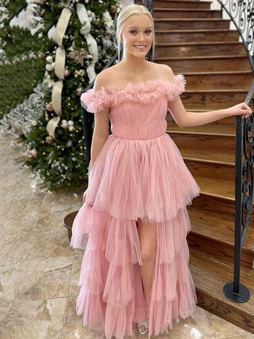 Lin | Robe de bal rose en tulle à épaules dénudées et fente