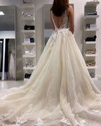 Long A-Line Appliques Lace Tulle Ruffles Backless Wedding Dress