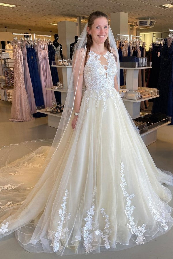 Long A-Line Appliques Lace Tulle Ruffles Backless Wedding Dress