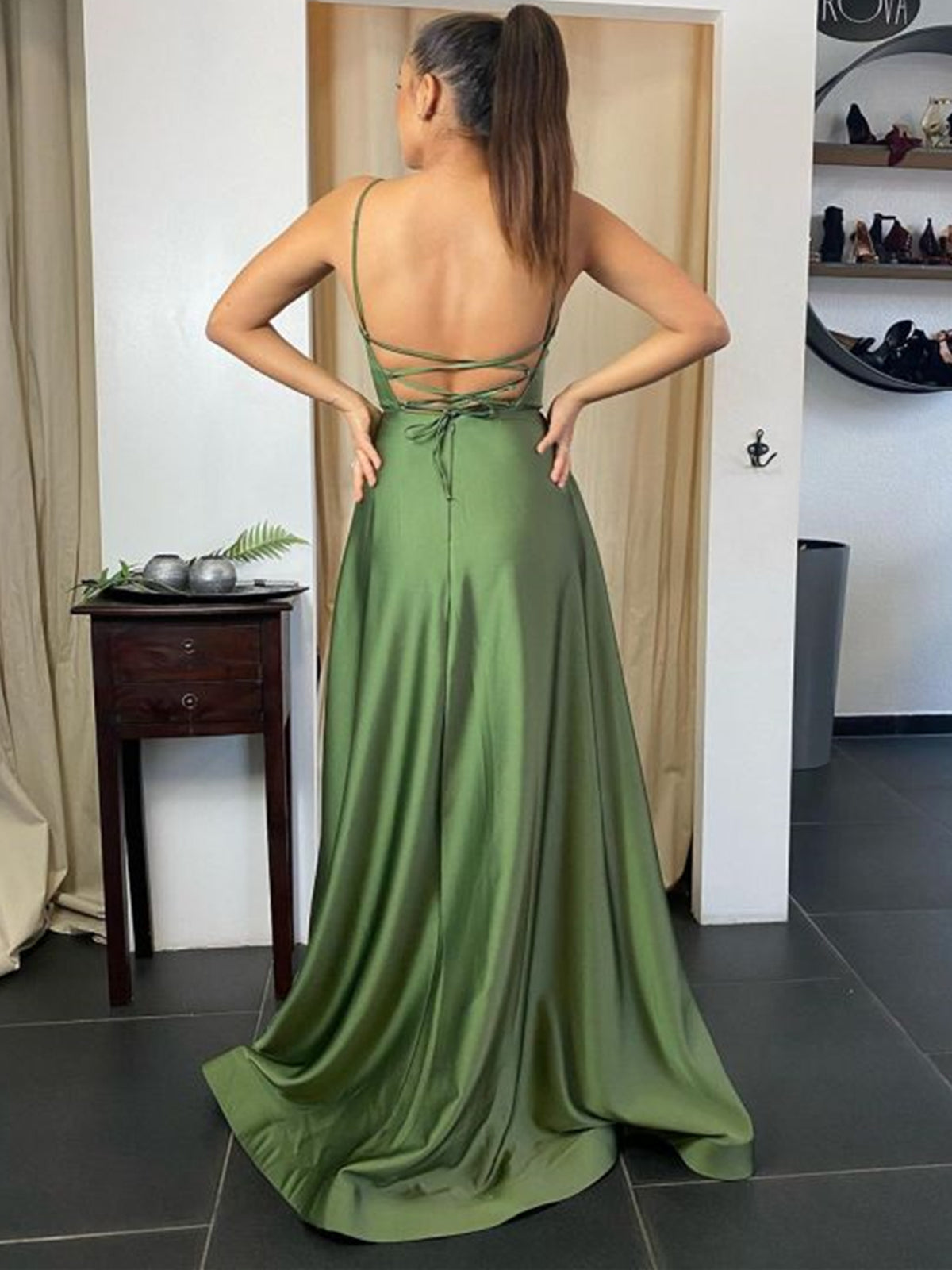 Robe de bal longue trapèze dos nu avec fente, robe de soirée de remise de diplôme formelle avec poches