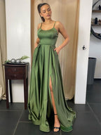 Robe de bal longue trapèze dos nu avec fente, robe de soirée de remise de diplôme formelle avec poches