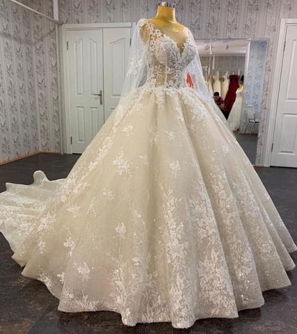 Vestido de novia largo de tul con lentejuelas y encaje, corte en A, apliques de barco