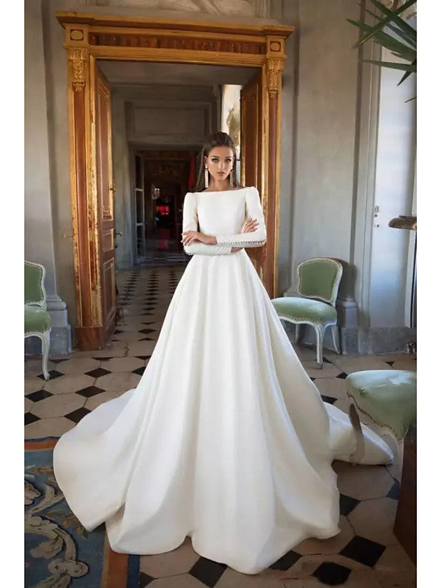 Vestidos de novia largos de poliéster con escote barco, corte en A, cola corta, espalda descubierta y mangas, con mangas y escote barco.