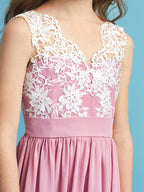 Robe de demoiselle d'honneur longue trapèze en mousseline, robe de demoiselle d'honneur junior en dentelle