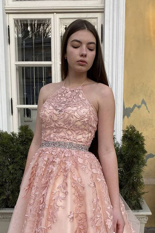 Robes de bal longues trapèze dos nu en tulle et dentelle