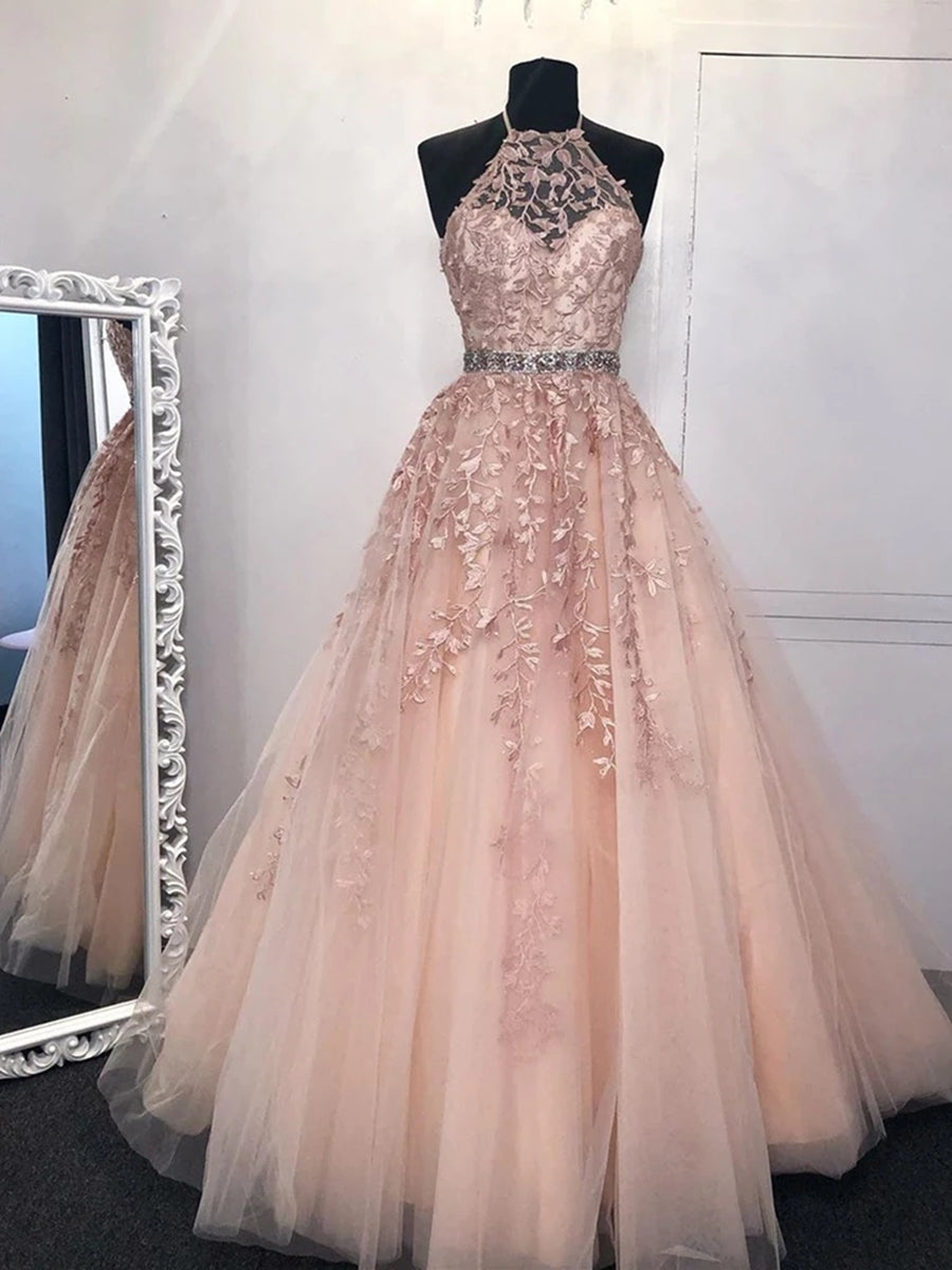Robes de bal longues trapèze dos nu en tulle et dentelle