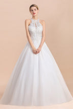 Vestido de novia largo de corte A, sin mangas, con apliques de encaje y lentejuelas, escote halter y apliques de encaje.
