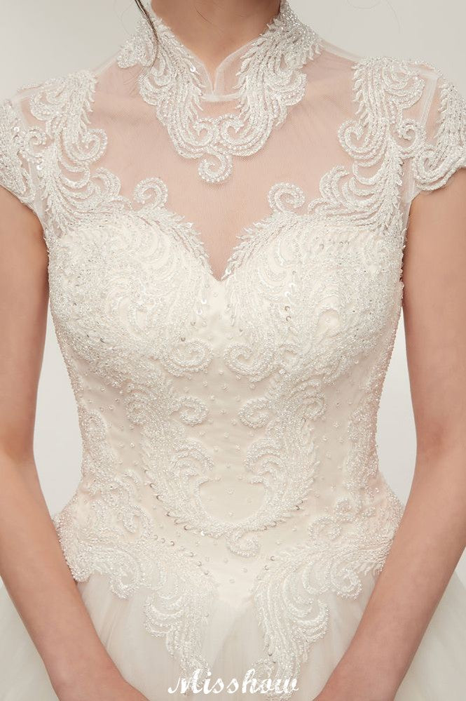 Long A-line High Neck Lace Appliques Short Sleeves Wedding Dresses with Lace-up