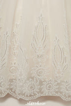 Long A-line High Neck Lace Appliques Short Sleeves Wedding Dresses with Lace-up