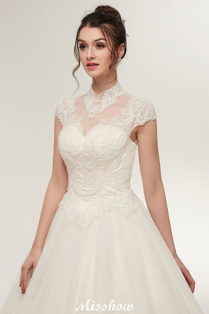 Long A-line High Neck Lace Appliques Short Sleeves Wedding Dresses with Lace-up