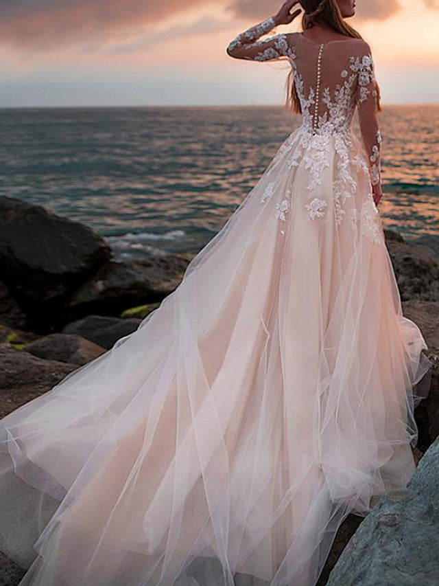 Vestidos de novia largos de corte A, escote joya, cola de corte, encaje y tul con mangas