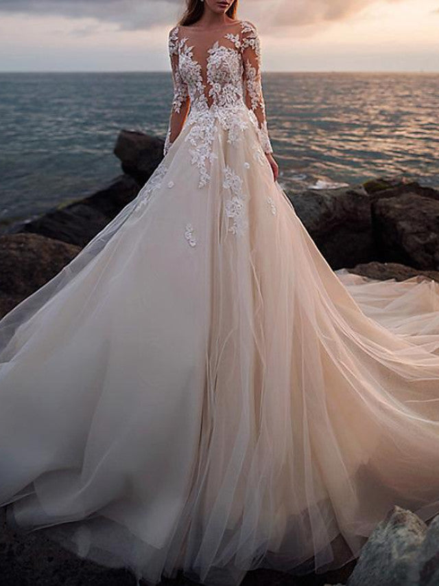 Vestidos de novia largos de corte A, escote joya, cola de corte, encaje y tul con mangas