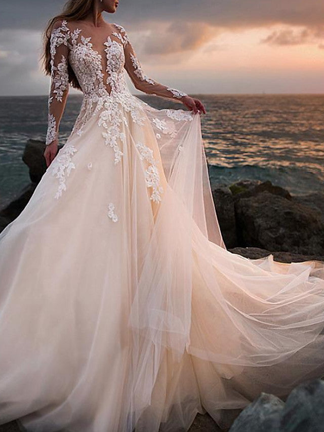 Vestidos de novia largos de corte A, escote joya, cola de corte, encaje y tul con mangas