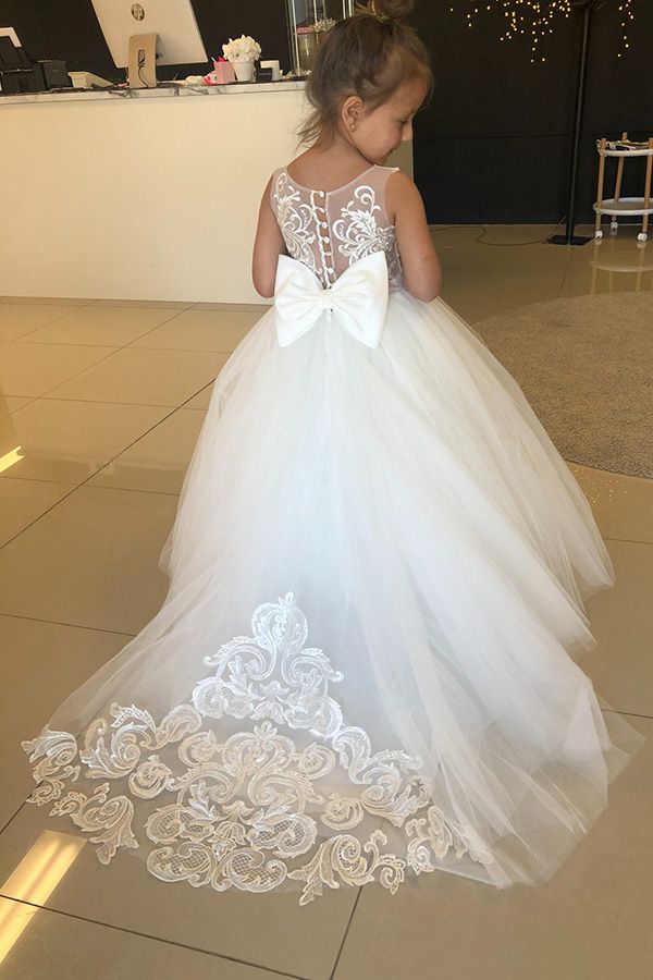 Vestidos largos de niña de las flores, corte en A, sin mangas, con apliques de encaje y tul, con lazo.