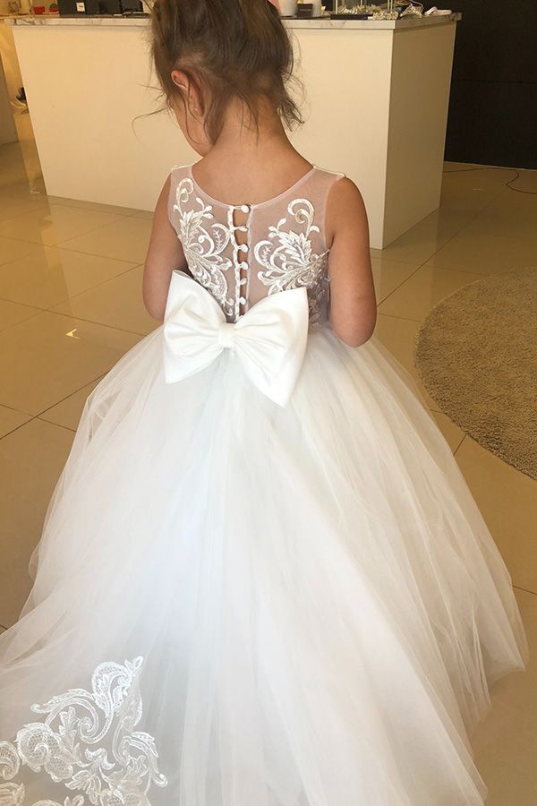 Vestidos largos de niña de las flores, corte en A, sin mangas, con apliques de encaje y tul, con lazo.