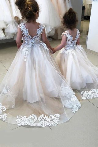 Vestidos largos de niña de las flores de tul con apliques de encaje y corte en A