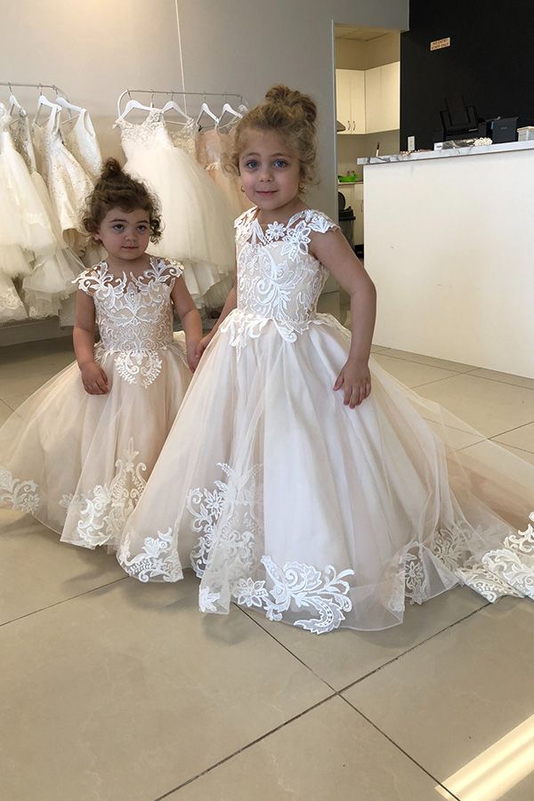 Vestidos largos de niña de las flores de tul con apliques de encaje y corte en A