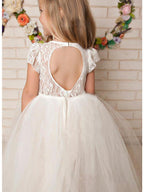 Vestidos largos de corte A con encaje, satén y tul, cuello joya, para bodas, fiestas y niñas de las flores
