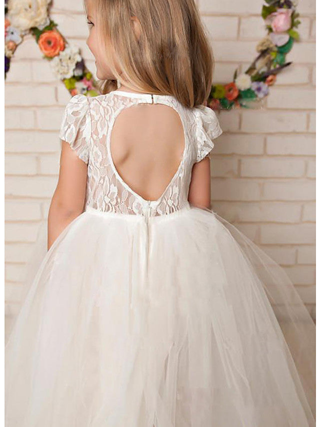 Vestidos largos de corte A con encaje, satén y tul, cuello joya, para bodas, fiestas y niñas de las flores