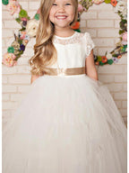Vestidos largos de corte A con encaje, satén y tul, cuello joya, para bodas, fiestas y niñas de las flores