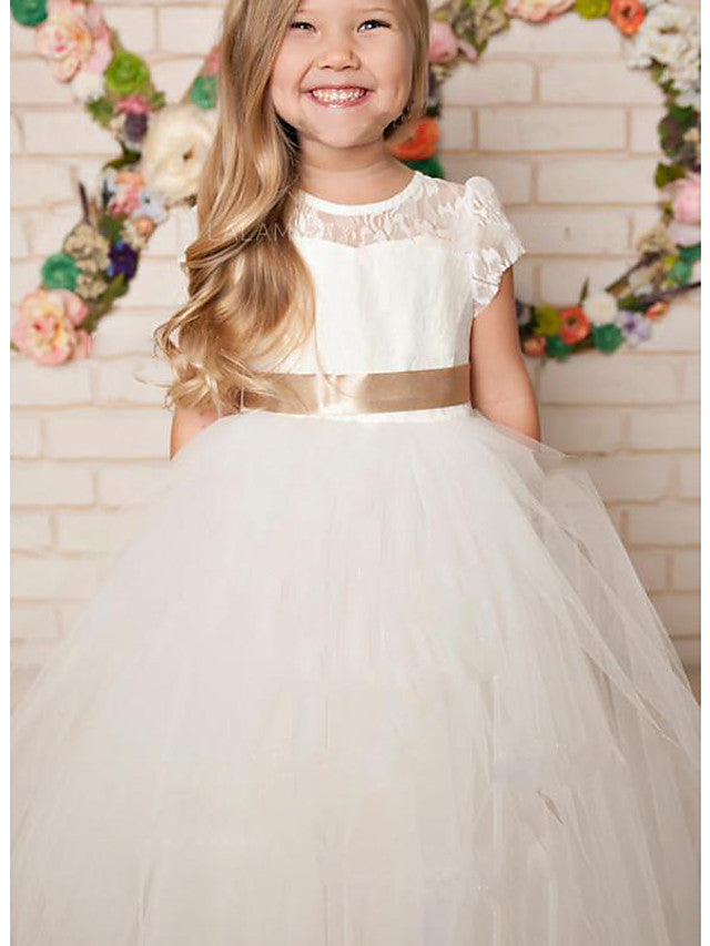 Vestidos largos de corte A con encaje, satén y tul, cuello joya, para bodas, fiestas y niñas de las flores
